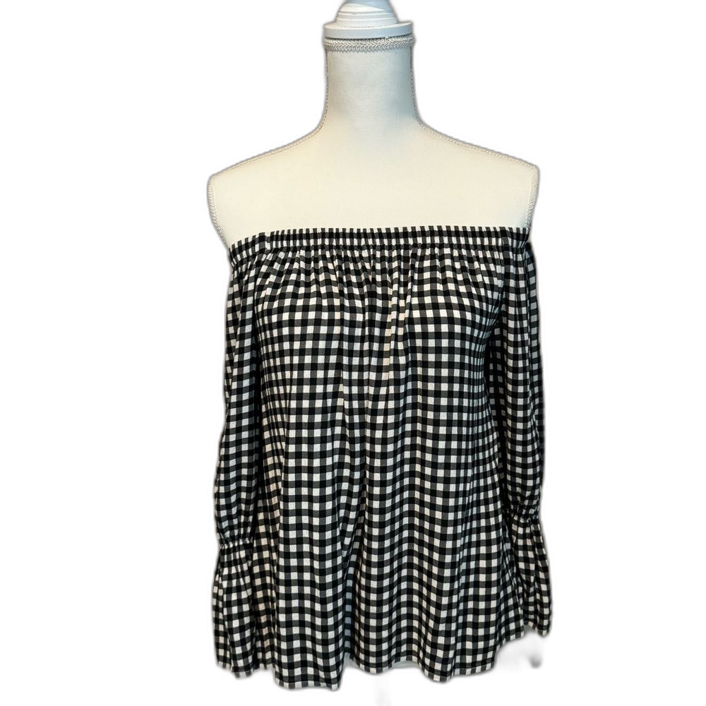 Sanctuary Black White Check Gingham Small Off the Shoulder Southern Trad Prep